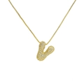 Close-up of golden box chain with V-shaped bubble pendant paved with clear zircons - Letter V / Gold
