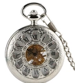 Silver hollow mechanical pocket watch with vintage engraving and golden movement detail - Manual Picture Style / Silver