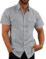 Detailed view of the cotton linen fabric and double chest pockets on grey casual shirt - M / Tops / Gray