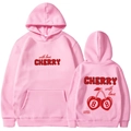 Pink drawstring hoodie featuring large cherry print on front and back view - S / Pink