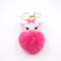 Close-up of pink plush pig keychain with PU leather head and gold metal ring attachment - Rose Red