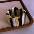Three-tone elastic block bracelet featuring black, white and gold geometric modules - Black White Gold Color Block Wide Bracelet
