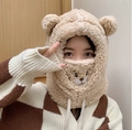 Bonnet tricoté bébé beige avec oreilles d'ours et écharpe intégrée pour l'hiver - Ours Masque-Beige