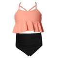 Maillot de bain deux pièces pour filles avec haut à volants rose corail et culotte noire - 152 / Ensemble Bikini Patchwork Orange Corail