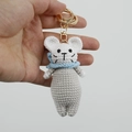 Handmade crochet mouse keychain with blue scarf and gold metal ring for bags - Mouse Style