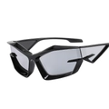 Futuristic black Y2K wraparound sunglasses with silver lenses in geometric cat-eye style - Black Frame Silver Mirror