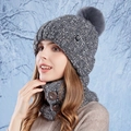 Winter dark grey knitted hat and neck gaiter set with faux fur pompom and buttons - Dark Gray