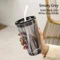 Smoky grey translucent glass breakfast cup with black lid and white glass straw - Smoky Grey + Black Lid + White Glass Straw