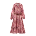 Elegantes langärmeliges Hemdkleid mit Paisley-Muster und braunem Gürtel in Pink und Rot - XS / Wie gezeigt