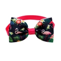 Detailed view of flamingo and pineapple print bow tie with pink elastic neck strap - Black Flamingo