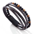 Men's woven leather bracelet with tiger eye beads and black magnetic buckle - Yellow Tiger Eye / 21.5cm