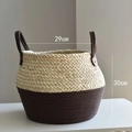 Two-tone woven basket with natural grass and brown rope featuring handles 29x30cm - Large / Corn Husk + Straw Basket / Dark Coffee