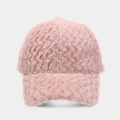 Detail of pink faux fur baseball cap showing thick plush texture and curved brim for winter - Adjustable / Pink