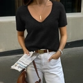 Haut chic en maille noire pour femmes à col en V dans un style urbain minimaliste - S / Noir