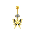 Detailed view of golden butterfly belly ring with black marquise stones and crystal - Gold Black Zirconia Butterfly