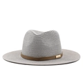 Light gray wide brim straw fedora hat with brown leather band and gold buckle - 58cm / Gray