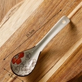 Japanese ceramic soup spoon with red flower pattern on wooden board 15.5cm size - Red Flowers Green Leaves