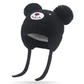 Black knit baby winter hat with double fur pom poms, fleece lining and ear flaps - One Size / Black