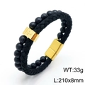 Men's double-layer leather and stone bead bracelet with golden cross charm - Black Network Stone-Gold Clasp (Cross)