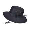 Outdoor foldable black sun hat with wide brim and adjustable windproof strap for hiking - Black