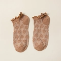 Sweet khaki low-cut cotton socks featuring jacquard heart patterns and ruffled edges - One Size / Coffee