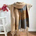 Detailed texture of beige and grey camellia cashmere-style scarf with brown floral patterns - Dandelion Camel