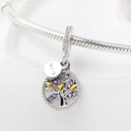 Silver tree of life charm with purple and yellow zircons and Family engraved tag - S925 Tree of Life-Multicolor