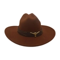 Chapeau de cowboy western marron en feutre avec bande en cuir et tête de taureau - Café