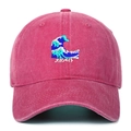 Close-up of vintage pink washed canvas baseball cap with wave embroidery and Japanese text - Rose Red