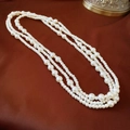 Three-layer multilayer pearl necklace for women featuring elegant cream pearls on red fabric - Multi-layer Long Style (HN4602) / White