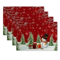 Vierteiliges Set rote Weihnachts-Tischsets mit Schneemann-Motiv und Stofftextur - CD62-29 (Schneemann Weihnachtskugel Rote Basis)