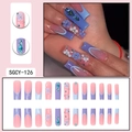 Long coffin press-on nails with 3D floral accents and rhinestones in pink and purple - Pink Purple 3D Flower Blue Jewel Style (SGCY-126)