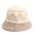 Detail of diamond pattern knit bucket hat showing fluffy texture and jacquard craft - Khaki