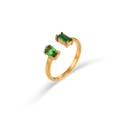 Minimalistischer Goldring mit zwei grünen Zirkonia-Steinen auf weißem Hintergrund - Einstellbar Offen / Grüner Zirkonia