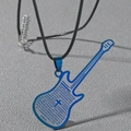 Close-up of blue guitar pendant with Spanish Lord's Prayer engraving on black rope - Music Blue