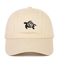 Close-up of embroidered black turtle design on a beige cotton twill baseball cap - Adjustable / Beige