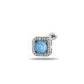 Square silver stud earring with blue center stone and zircon halo, screw back design - Blue (Single Piece)