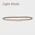 Women's light khaki thin leather belt with elegant pearl and rhinestone buckle decoration - Light Khaki