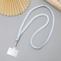 Detailed shot of blue and white braided phone lanyard with metal clip and clear patch - Light Blue/White