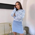 Ensemble en tricot bleu clair à motif Fair Isle avec pull manches longues et jupe - S / Bleu