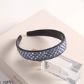 Sparkling wide rhinestone headband with blue and clear crystals on a black base - Checkered Light Blue White