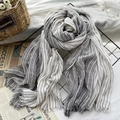 Gray and white striped cotton linen scarf with soft fringe trim for autumn styling - Black