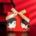 Red Chinese wedding favor box with cartoon couple and golden silk ribbon handle - Small / Red Chinese Wedding (Champagne Ribbon)