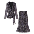 Set donna 2 pezzi con top a portafoglio maniche lunghe e gonna a sirena stampa paisley - S / Stampa Blu Scuro