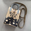 Knitted panda milk tea handbag in beige and black with gray handles and crossbody strap - Milk Tea Letter Button Style