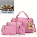Pink 4-piece set including handbag, crossbody bag, clutch and card holder with bear charm - 4Pcs Set / Taro Purple