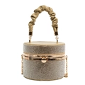 Sparkling champagne gold rhinestone cylinder handbag with pleated handle and metal chain - Khaki