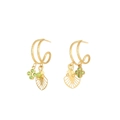 Golden C-hoop earrings with green gem flowers and delicate hollow leaf charms - Hollow Leaf Triple Dangle (E303099) - Gold Green