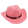 Detail of bright pink straw cowboy hat with leather band and metal bull head pendant - One Size / Pink