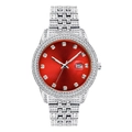 Detail of silver iced-out watch featuring a red dial with square crystal hour markers - White Red